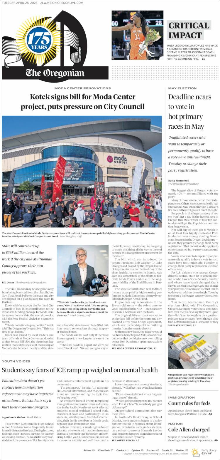 Portada de The Oregonian (USA)