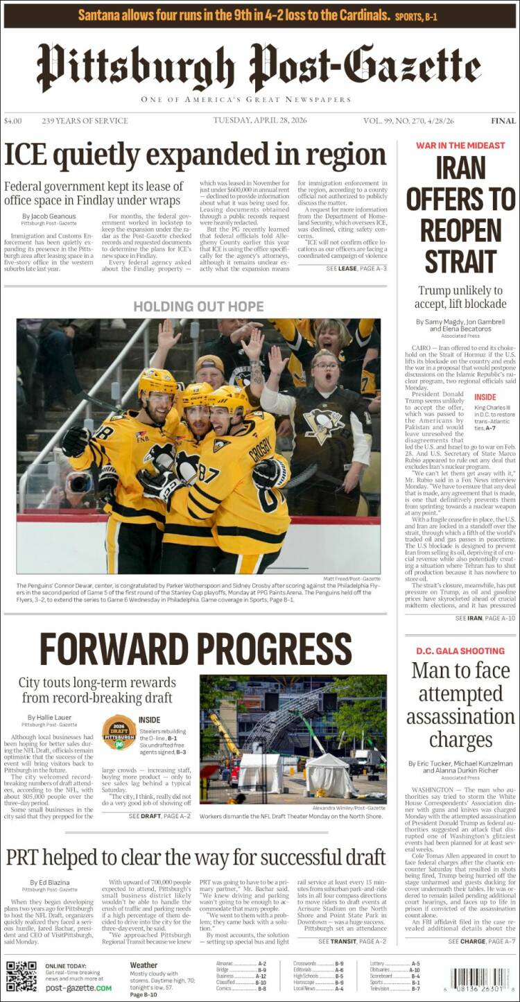 Portada de Pittsburgh Post-Gazette (USA)