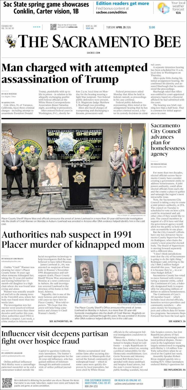 Portada de The Sacramento Bee (USA)