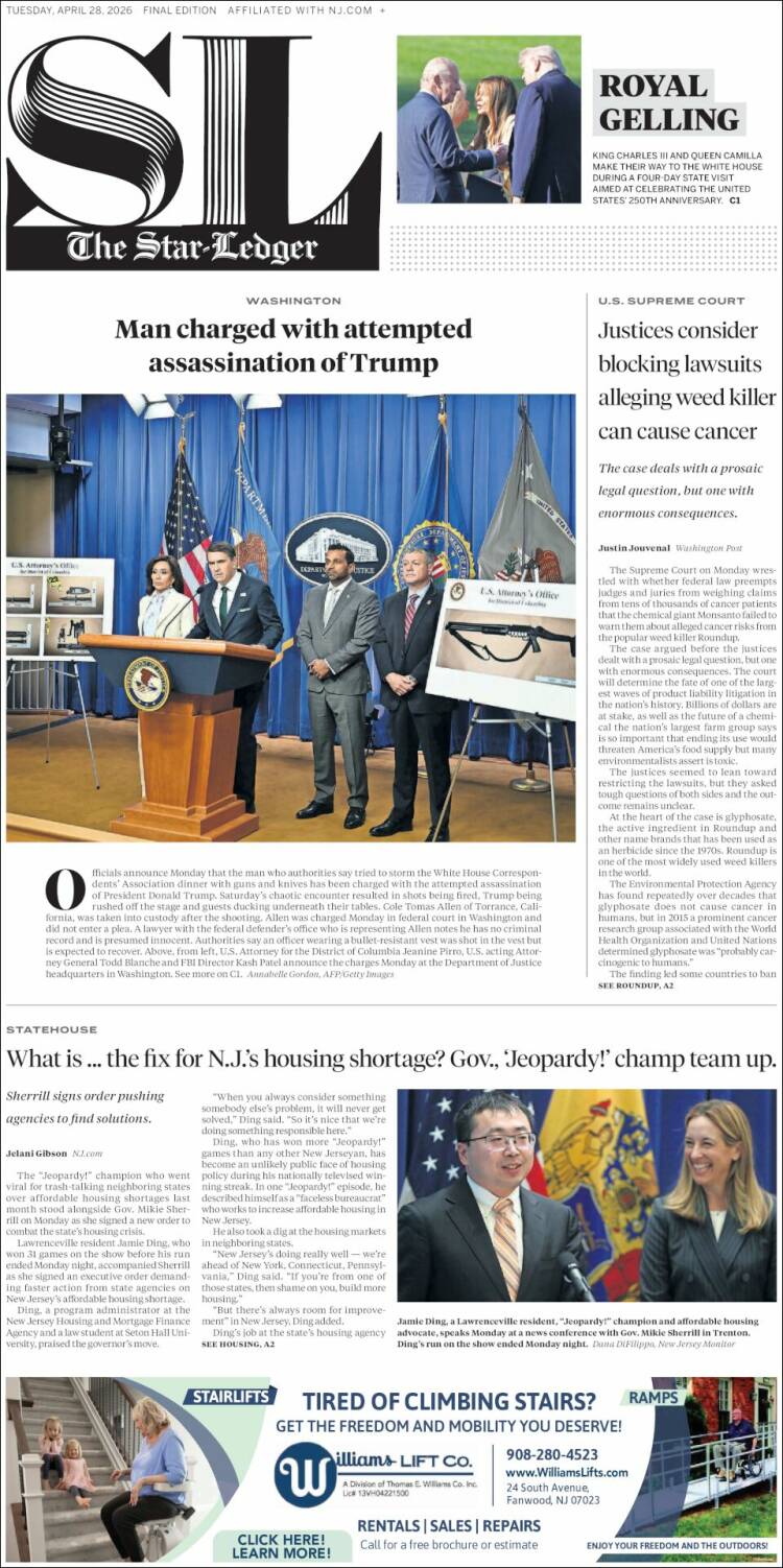 Portada de Star-Ledger (USA)