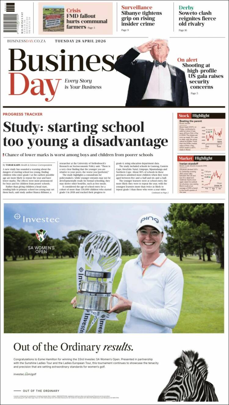 Portada de Business Day (Sud&aacute;frica)
