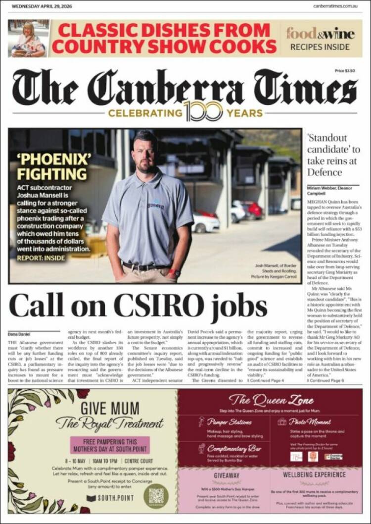 Portada de The Canberra Times (Australia)