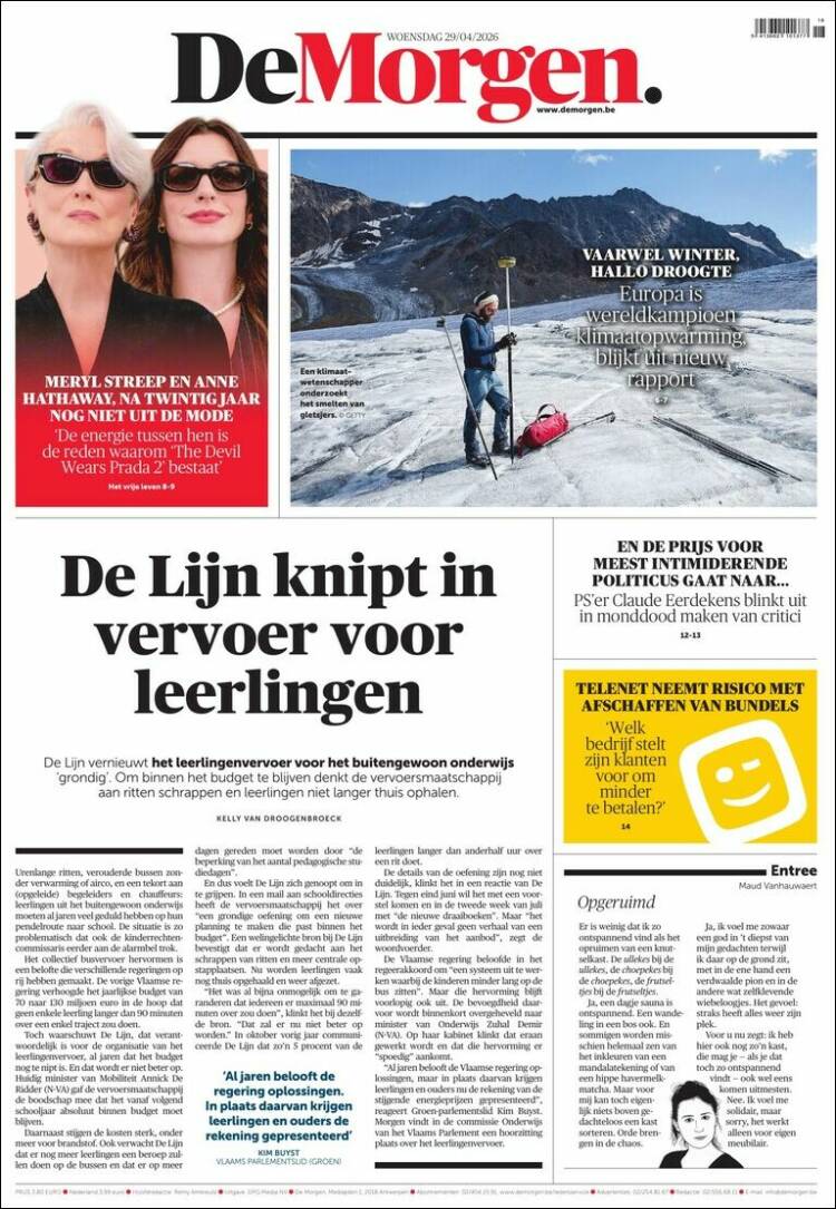 Portada de De Morgen (B&eacute;lgica)