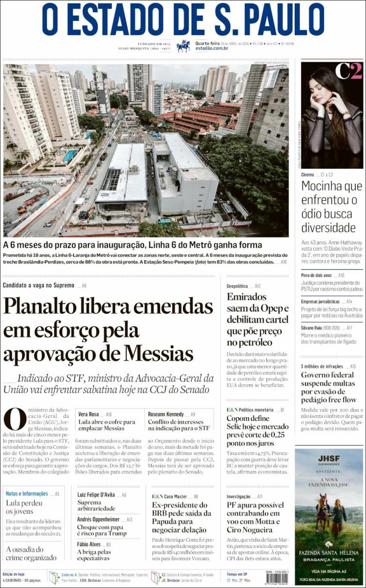 Portada de O Estado de São Paulo (Brasil)