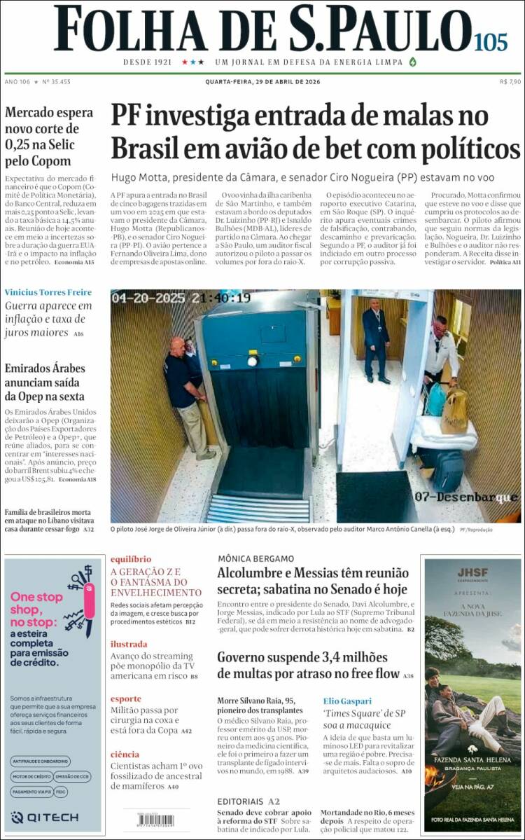 Portada de Folha de São Paulo (Brasil)