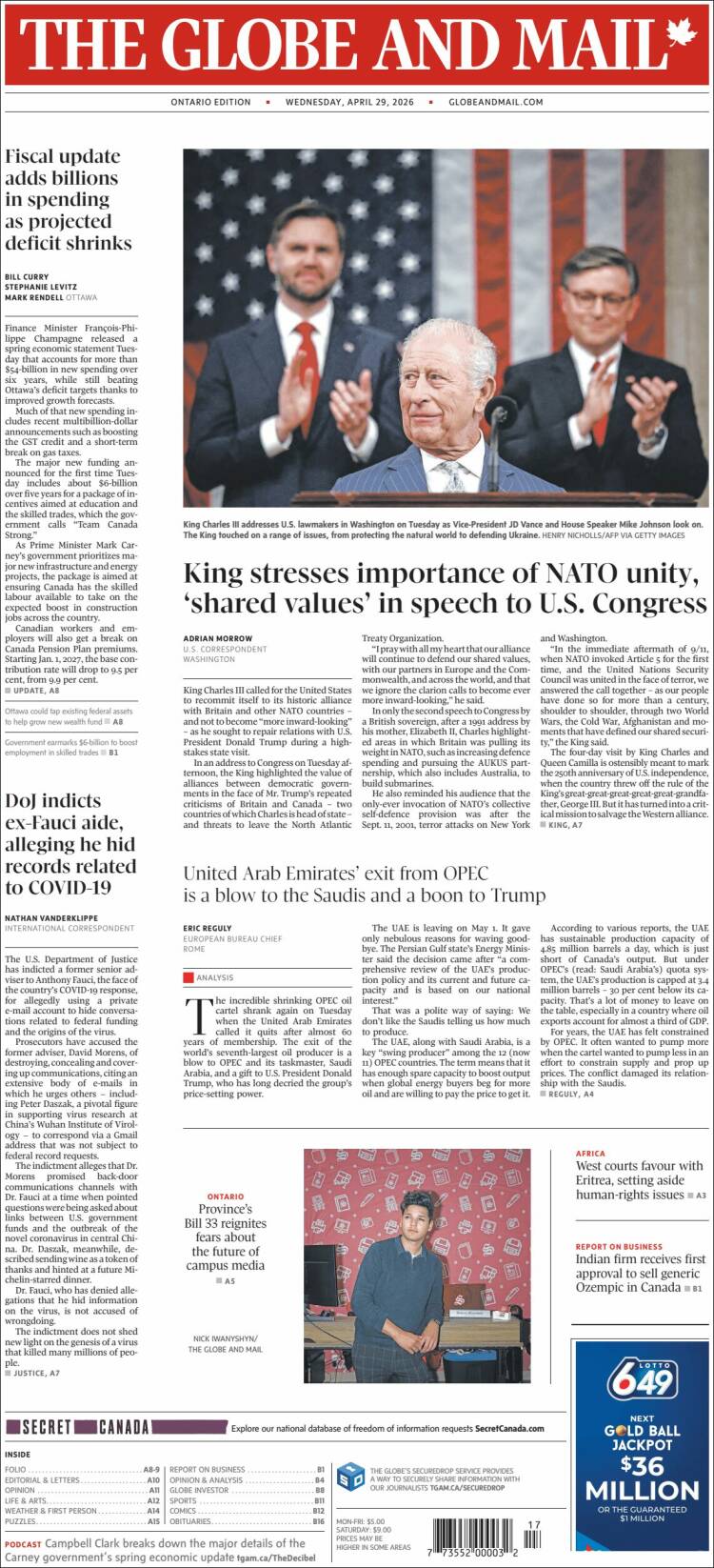 Portada de The Globe and Mail (Canad&aacute;)
