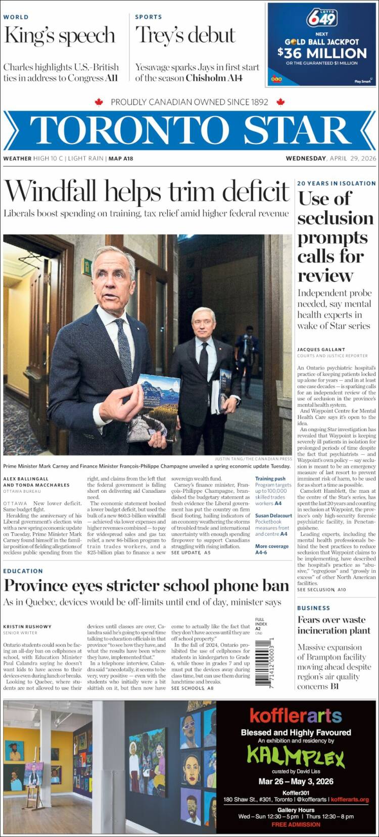 Portada de The Toronto Star (Canad&aacute;)