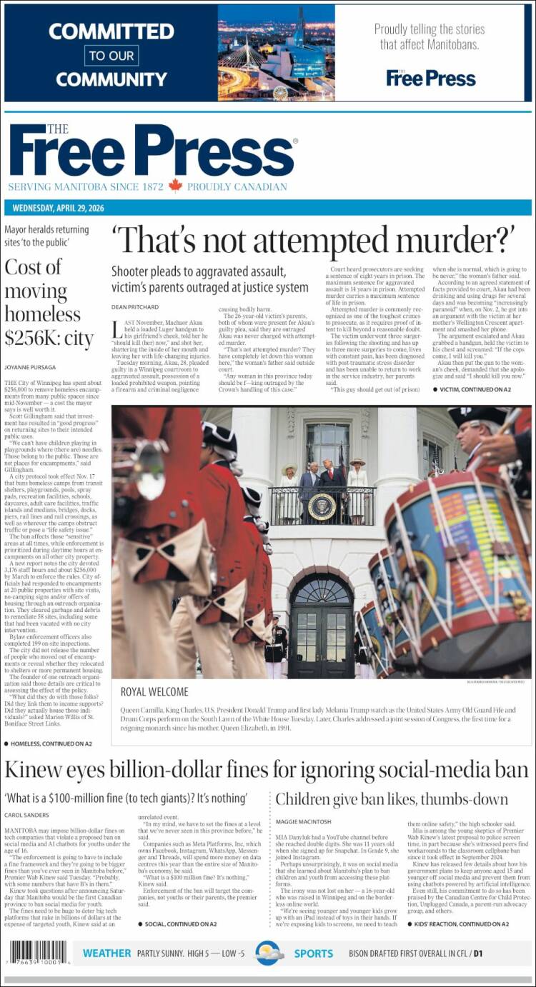 Portada de Winnipeg Free Press (Canad&aacute;)