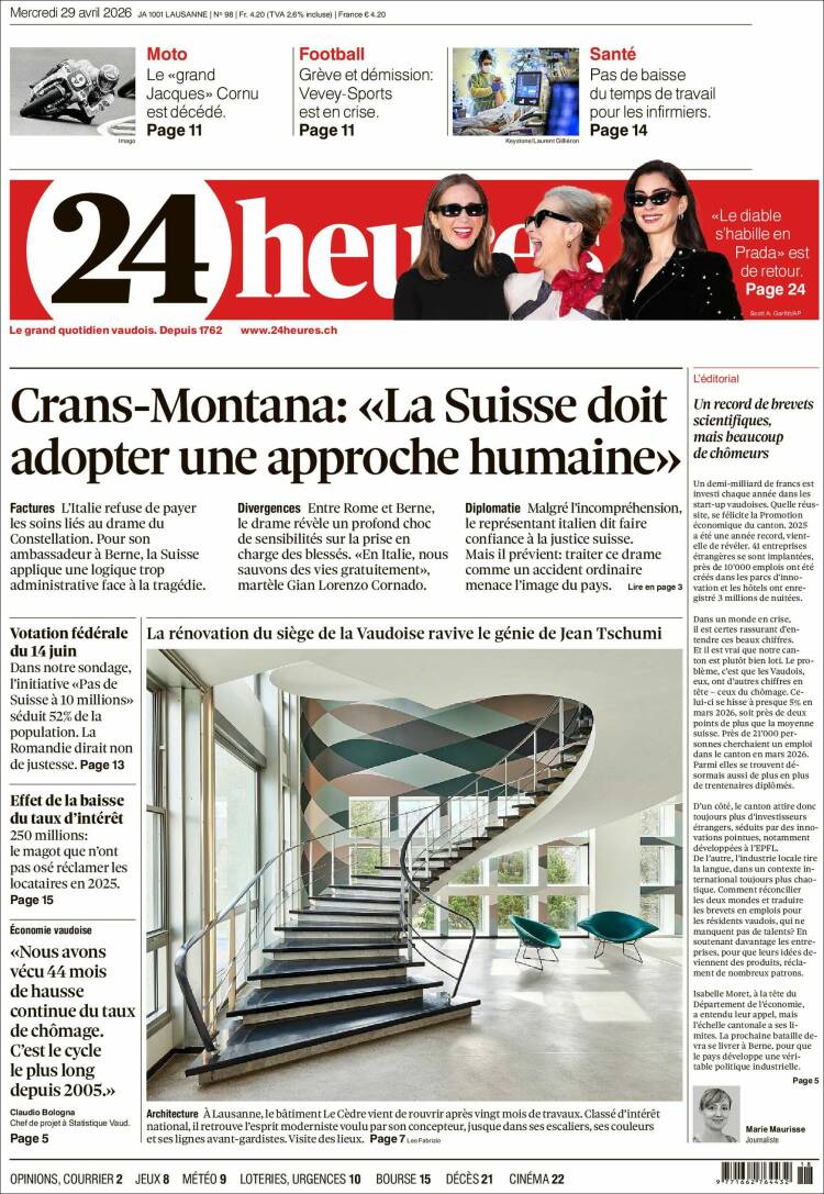 Portada de 24 Heures (Suiza)