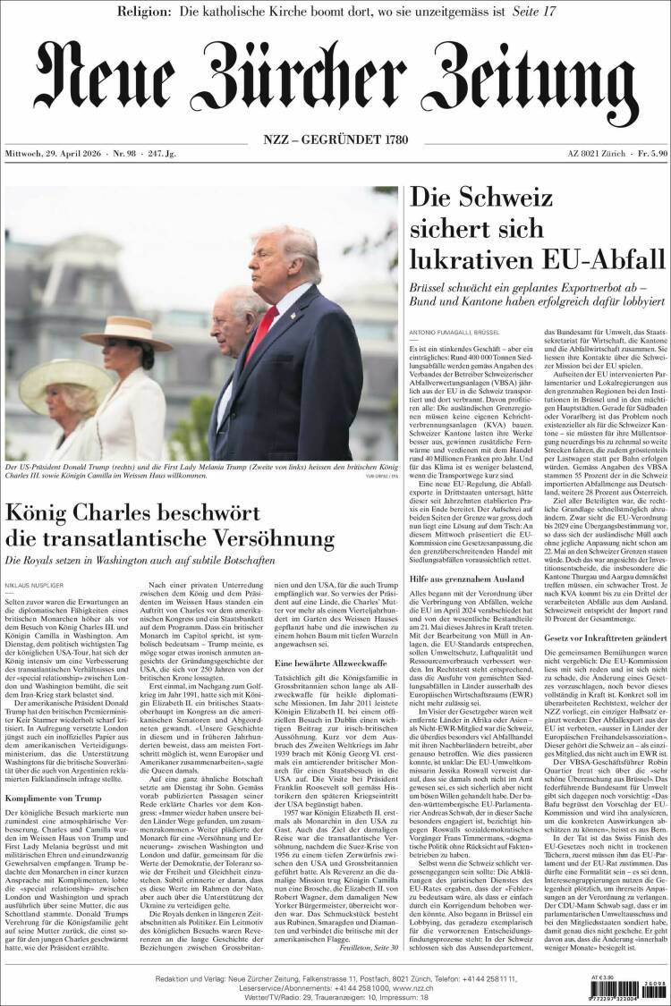 Portada de Neue Zürcher Zeitung (Suiza)