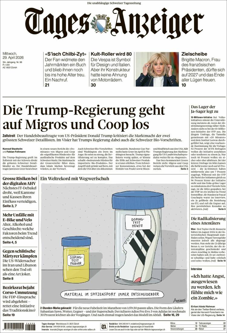 Portada de Tages-Anzeiger (Suiza)