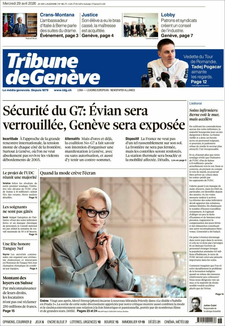 Portada de La Tribune de Genève (Suiza)