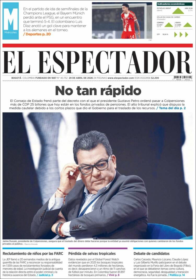 Portada de El Espectador (Colombia)
