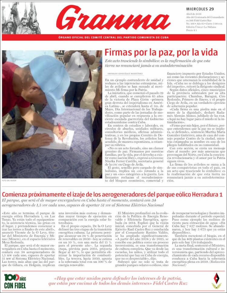 Portada de Granma (Cuba)