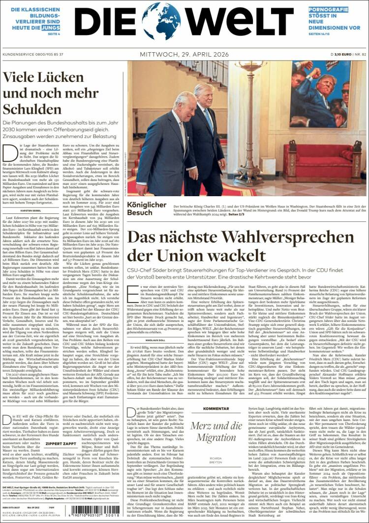 Portada de Die Welt (Alemania)