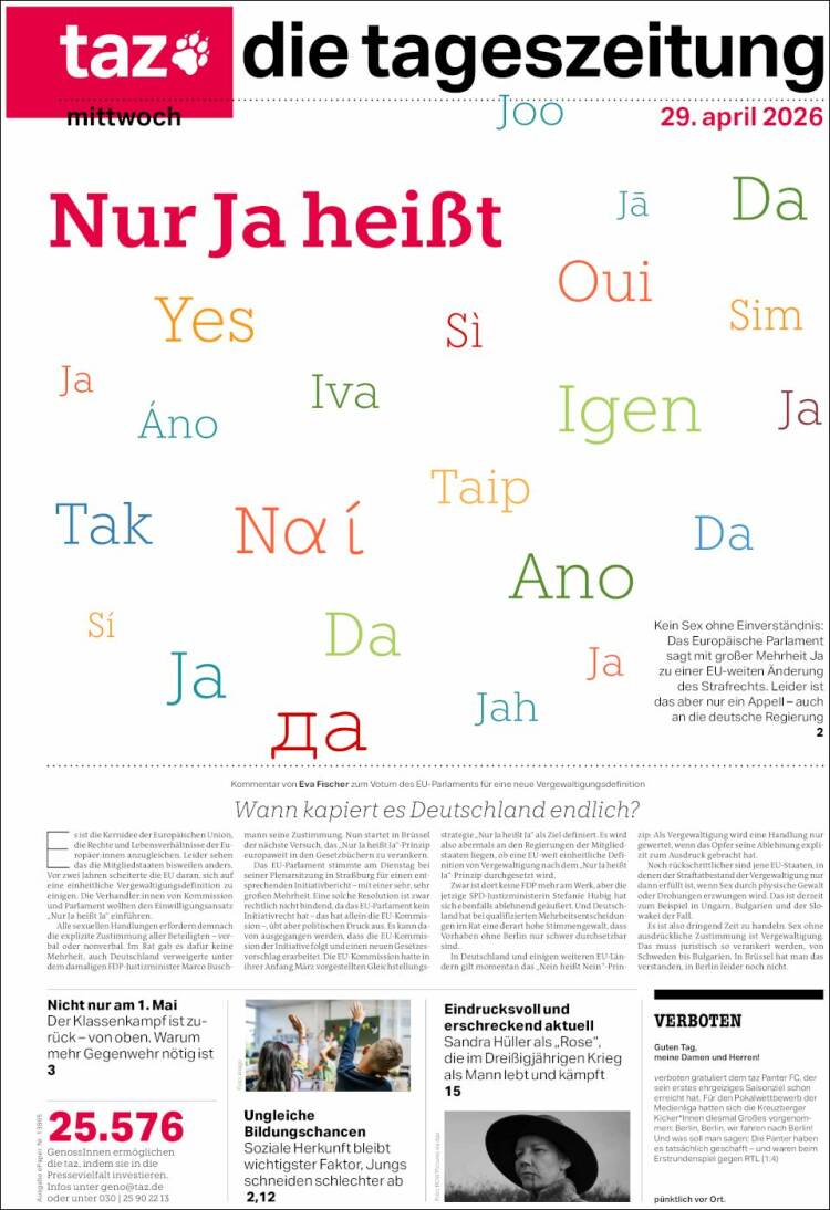 Portada de Die Tageszeitung (Alemania)
