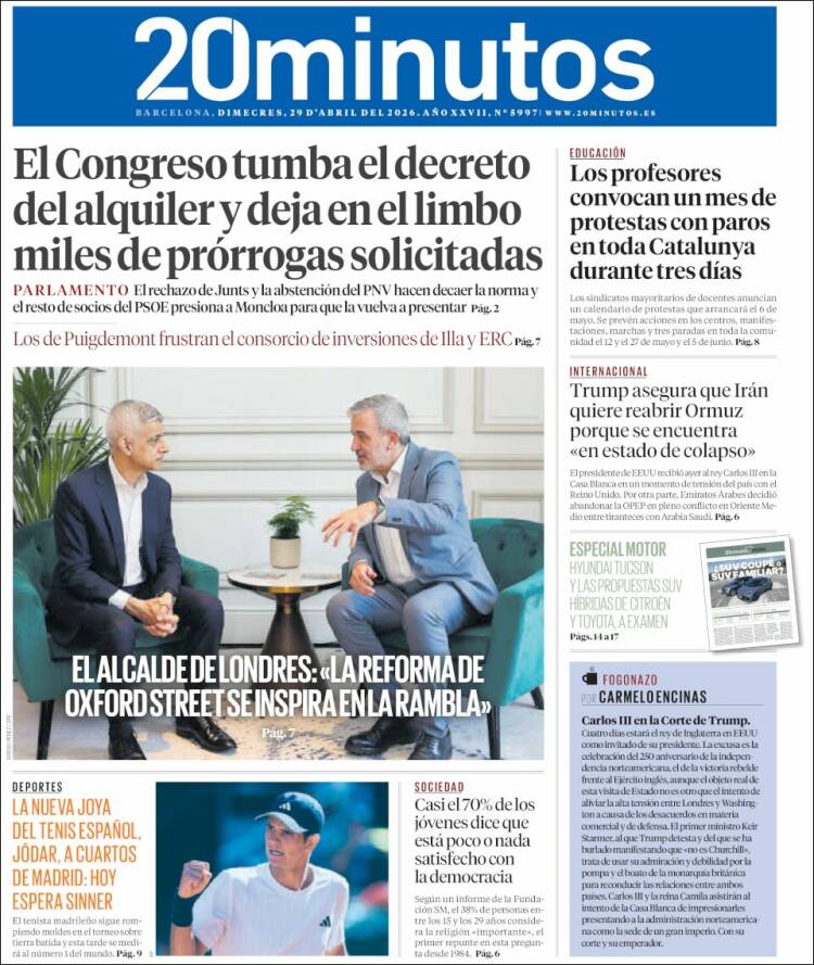 Portada de 20 Minutos - Barcelona (Espa&ntilde;a)