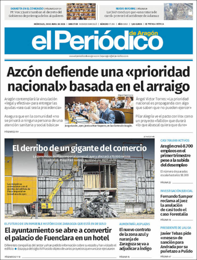 Portada de El Periódico de Aragón (Espa&ntilde;a)