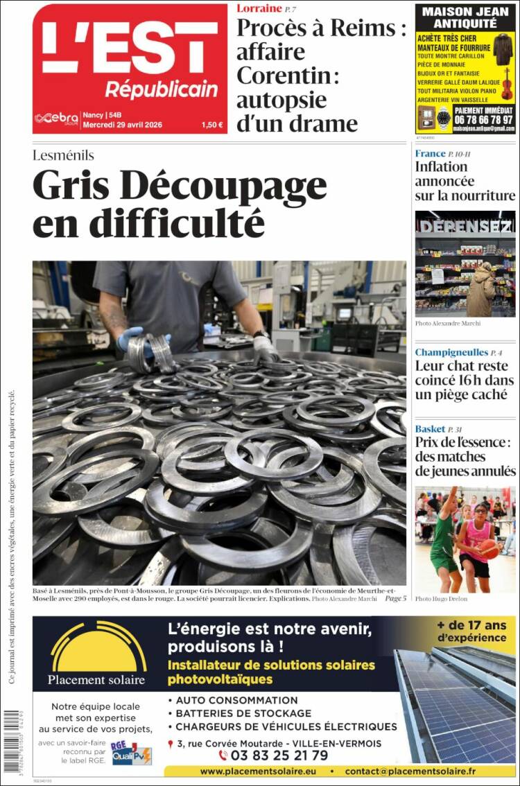 Portada de L'Est Republicain (Francia)