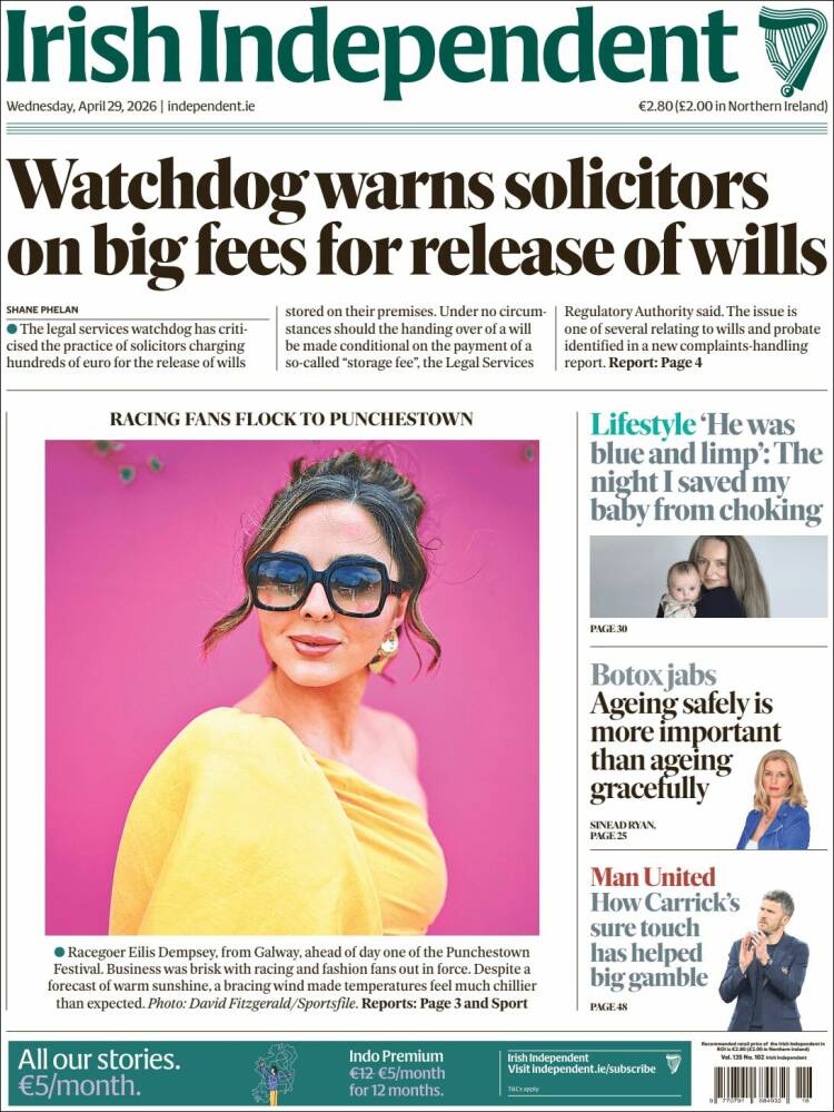 Portada de Irish Independent (Irlanda)