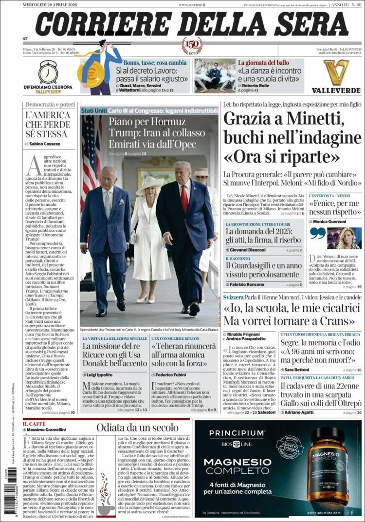 Portada de Corriere della Sera (Italia)