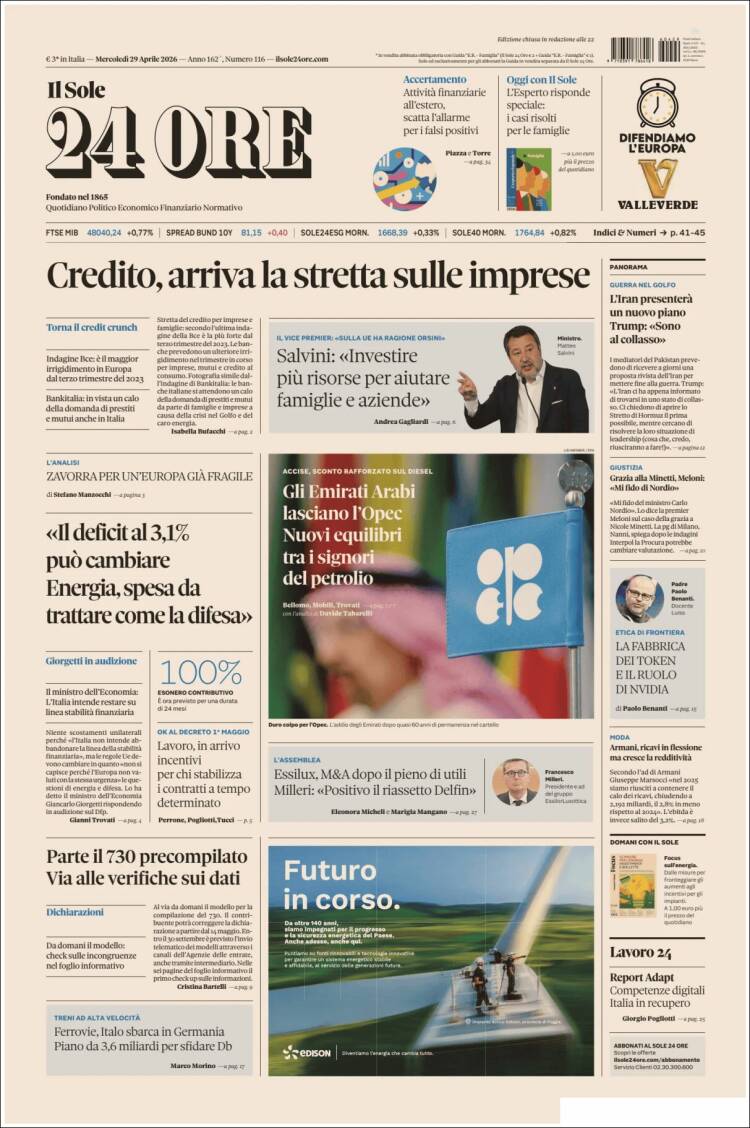 Portada de Il Sole 24 ORE (Italia)
