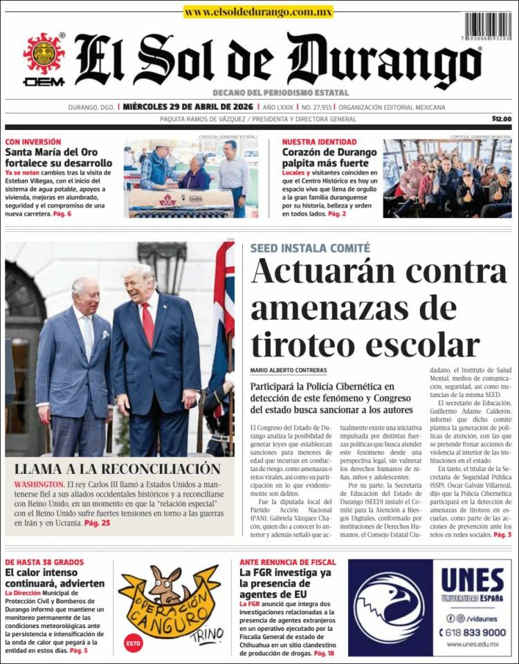 Portada de El Sol de Durango (M&eacute;xico)