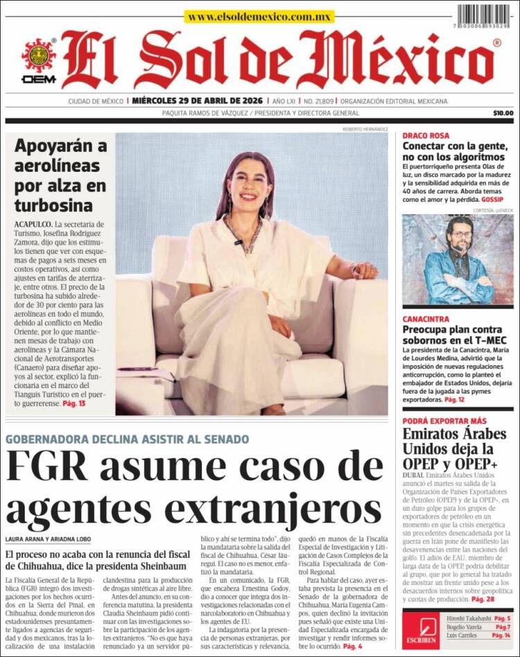 Portada de El Sol de México (M&eacute;xico)