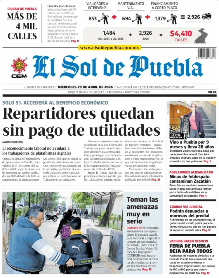 Portada de El Sol de Puebla (M&eacute;xico)