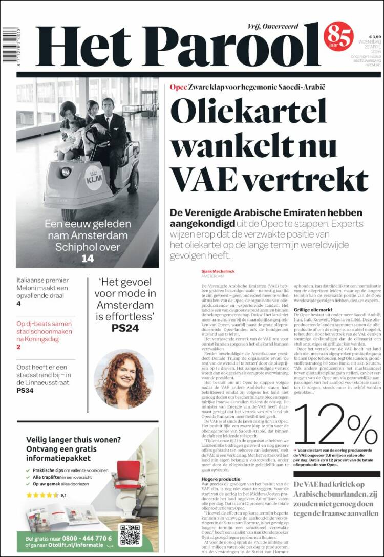 Portada de Het Parool (Pa&iacute;ses Bajos)