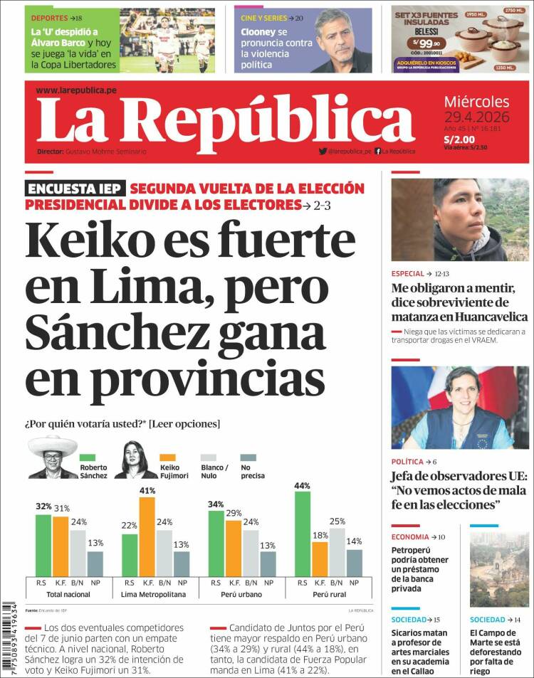 Portada de La Republica (Per&uacute;)