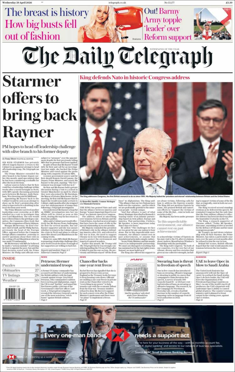 Portada de Daily Telegraph (Reino Unido)