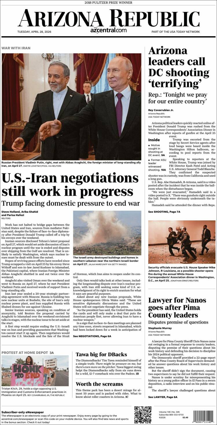 Portada de Arizona Republic News (USA)