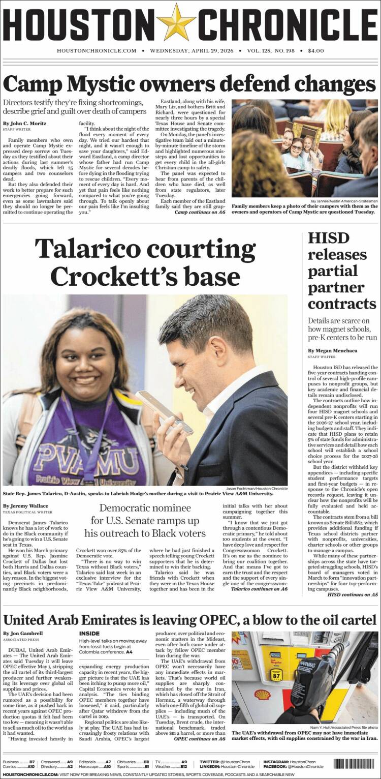 Portada de Houston Chronicle (USA)