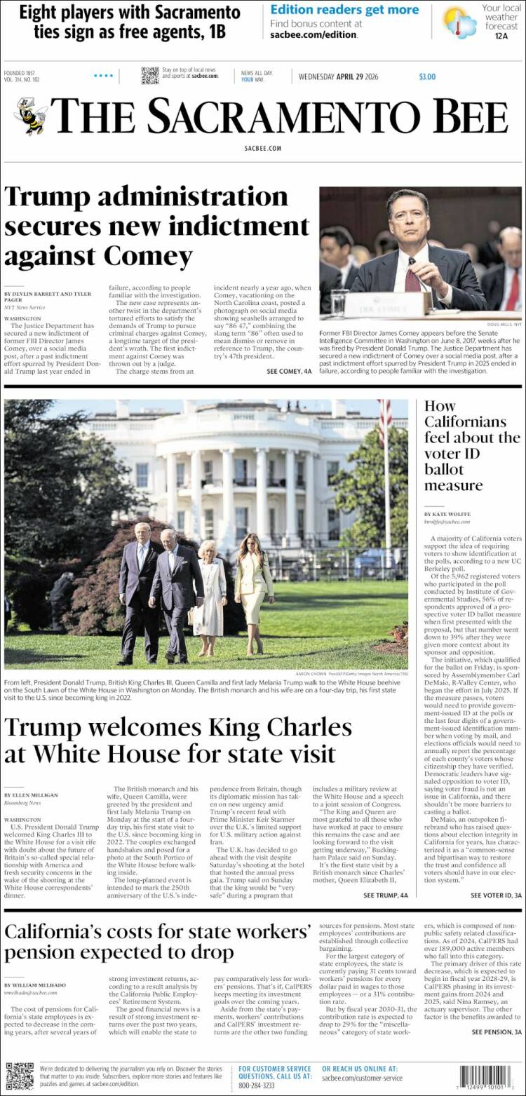 Portada de The Sacramento Bee (USA)