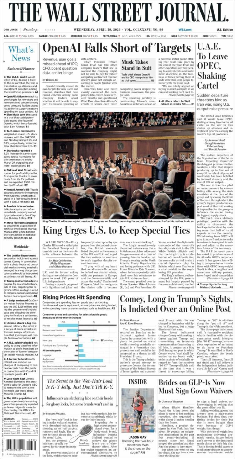 Portada de Wall Street Journal (USA)