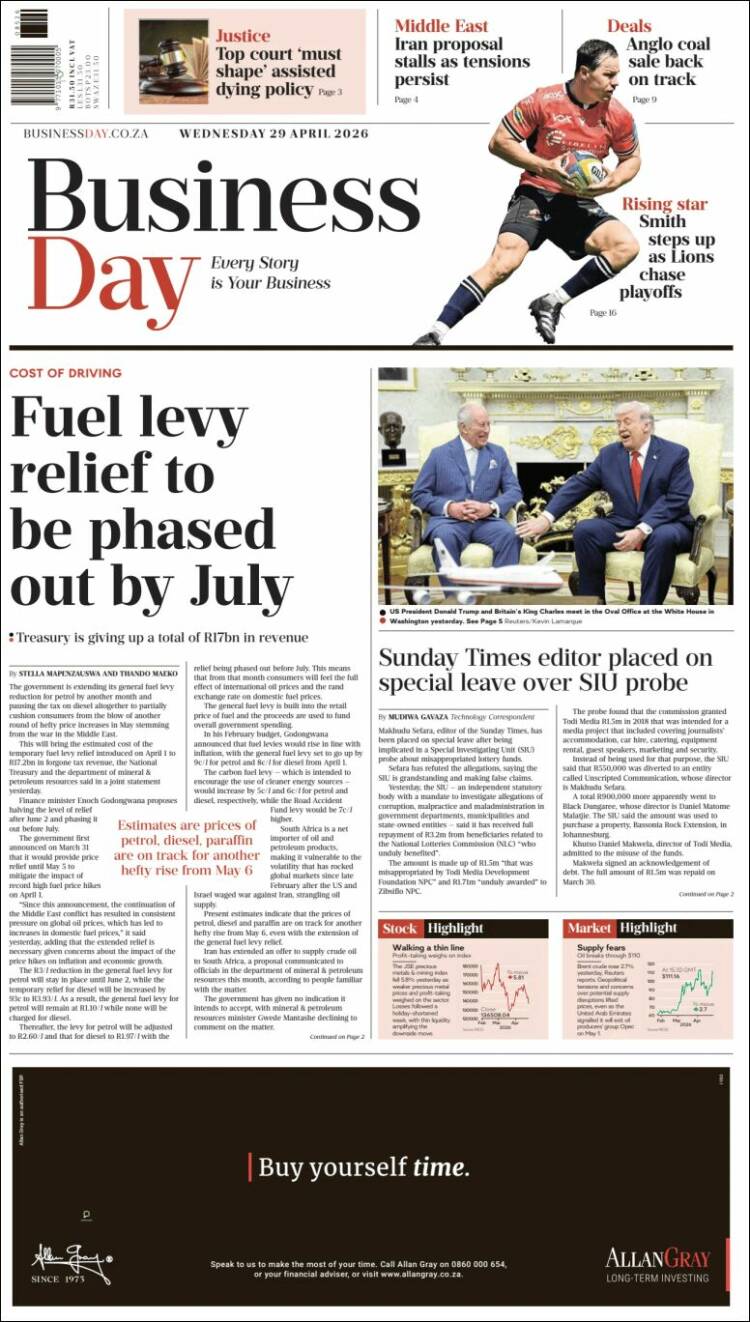 Portada de Business Day (Sud&aacute;frica)
