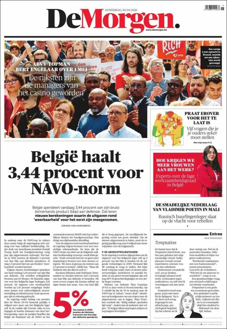 Portada de De Morgen (B&eacute;lgica)