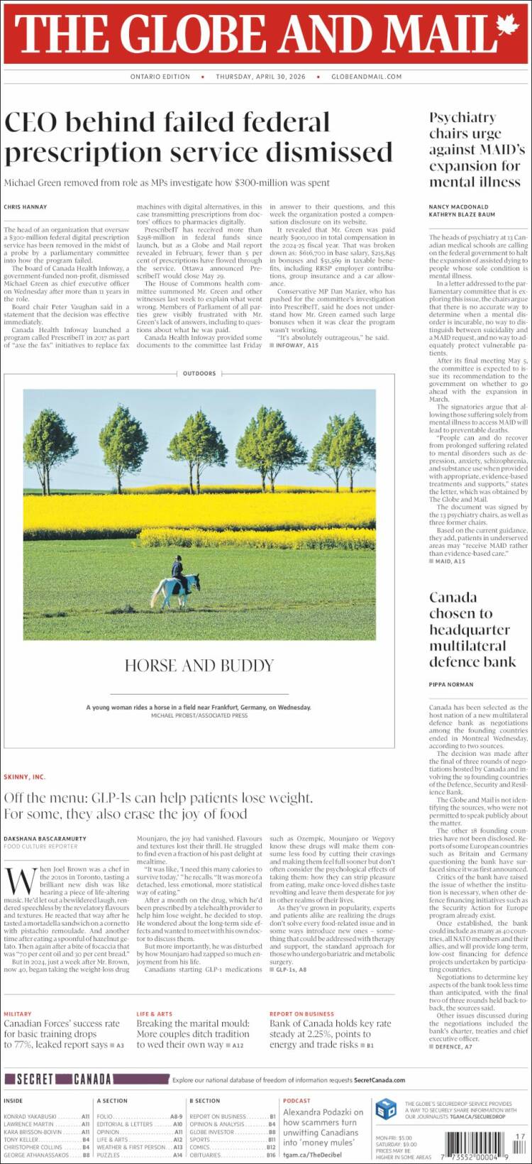 Portada de The Globe and Mail (Canad&aacute;)
