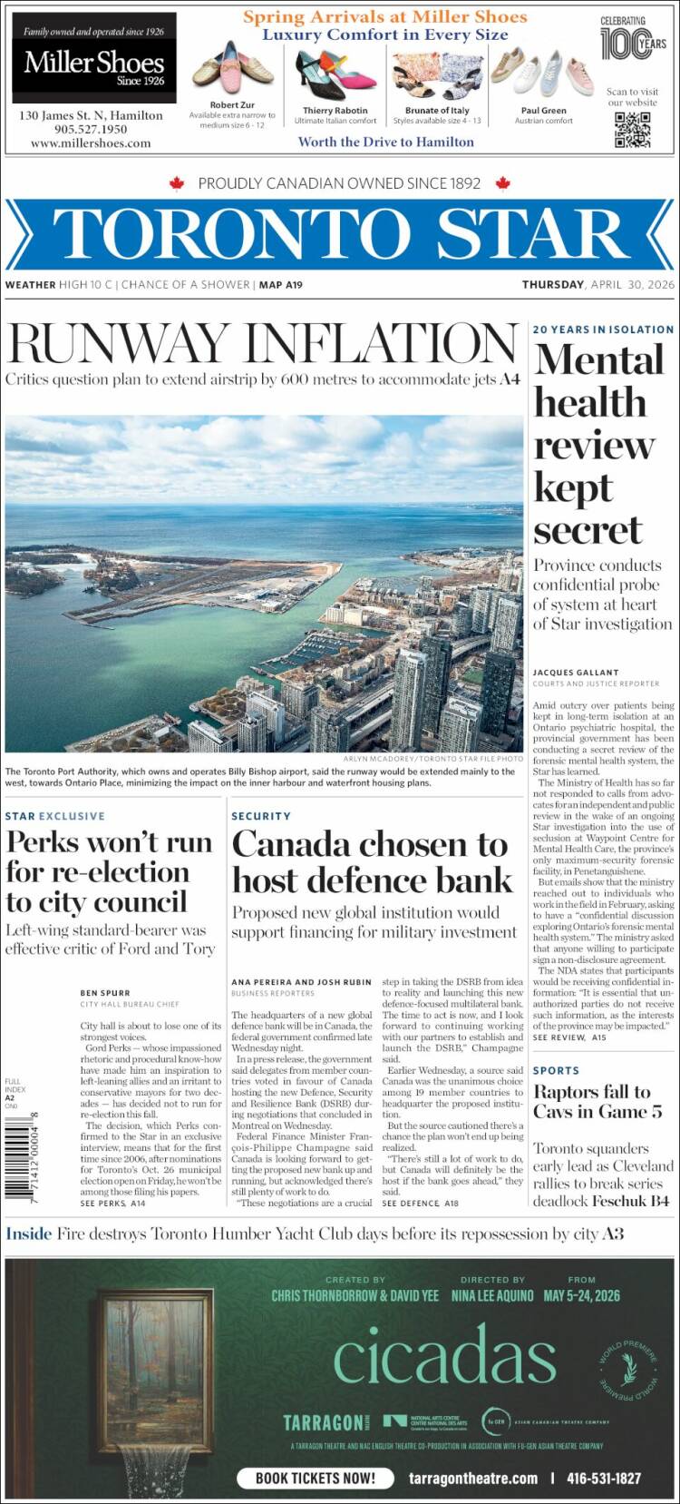 Portada de The Toronto Star (Canad&aacute;)