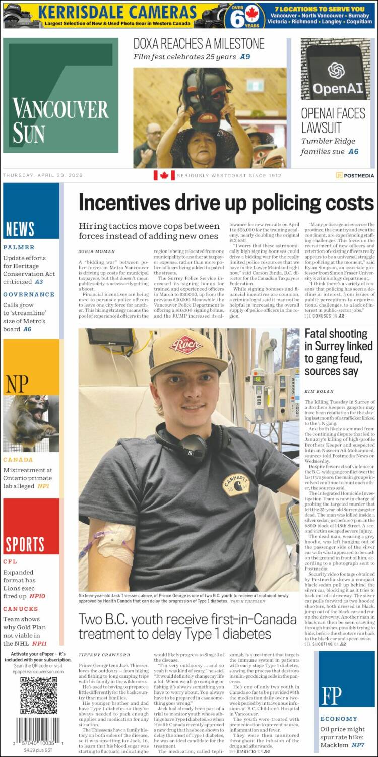 Portada de The Vancouver Sun (Canad&aacute;)