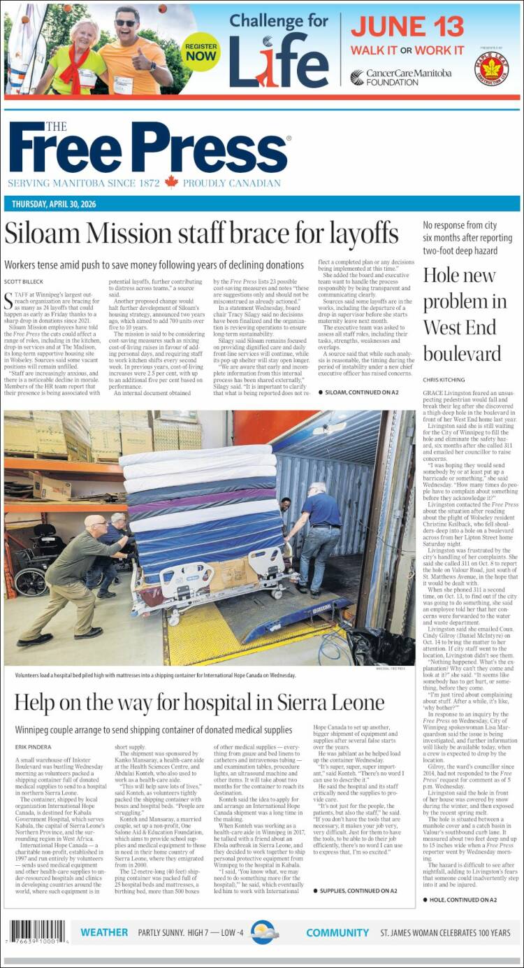 Portada de Winnipeg Free Press (Canad&aacute;)
