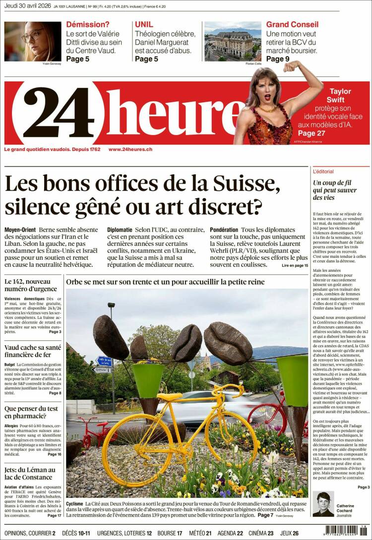 Portada de 24 Heures (Suiza)
