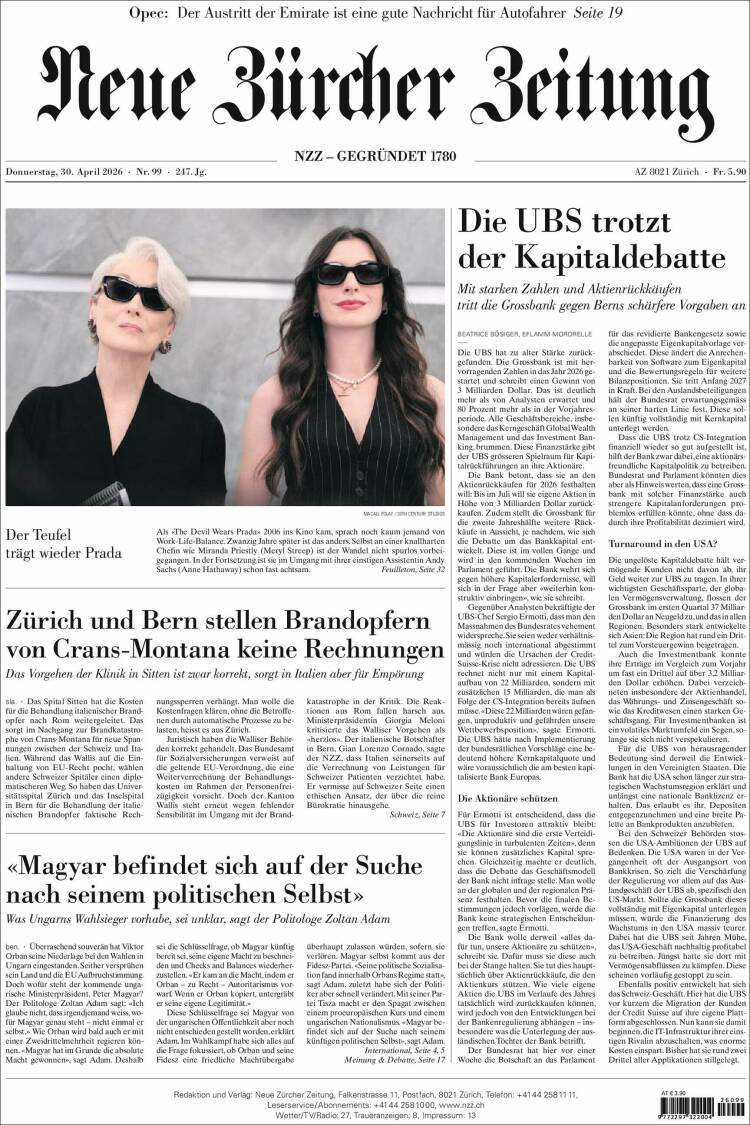 Portada de Neue Zürcher Zeitung (Suiza)
