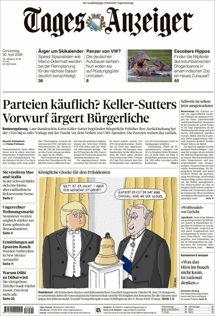 Portada de Tages-Anzeiger (Suiza)