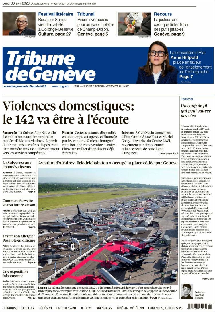 Portada de La Tribune de Genève (Suiza)