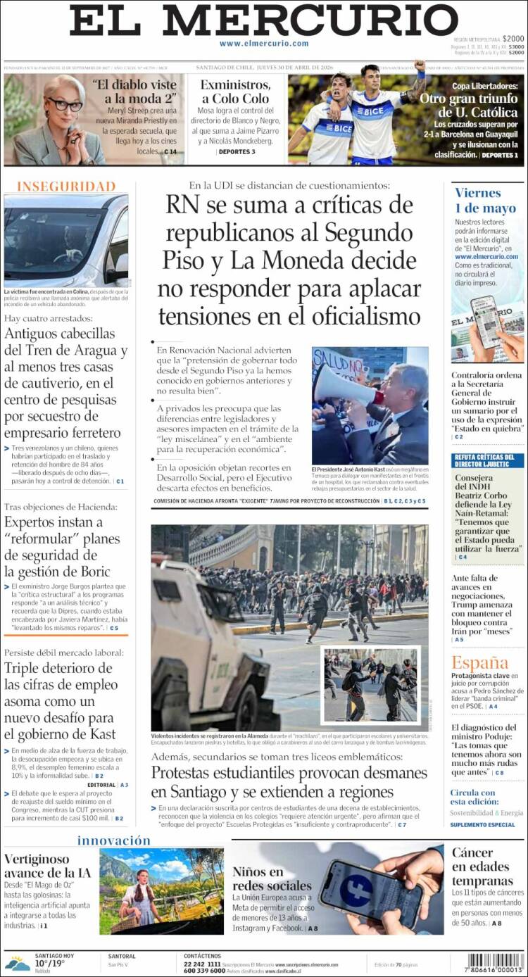 Portada de El Mercurio (Chile)
