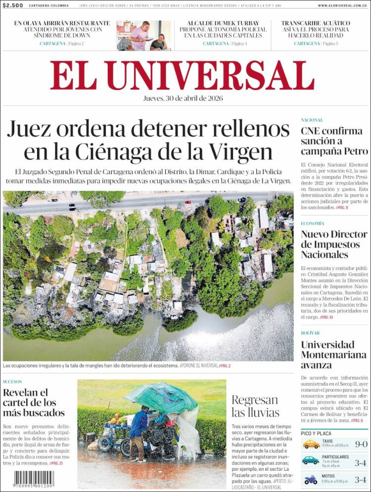 Portada de El Universal (Colombia)