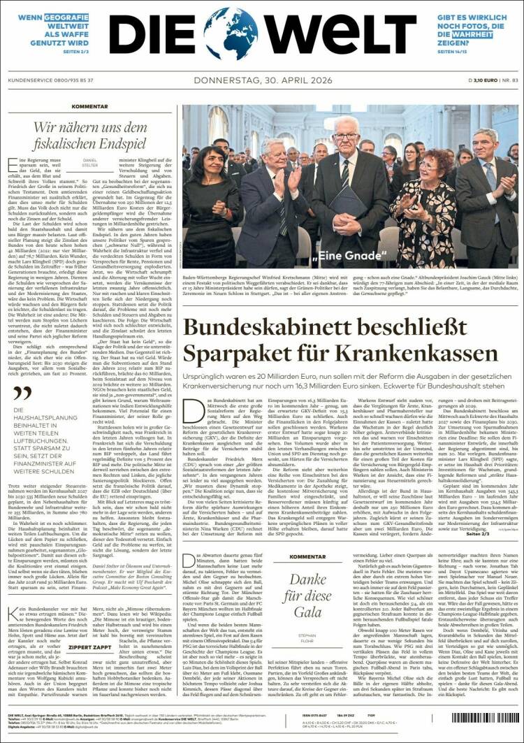 Portada de Die Welt (Alemania)