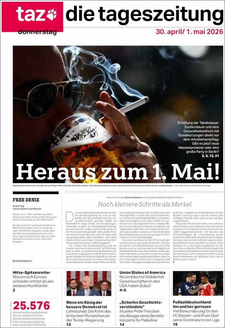 Portada de Die Tageszeitung (Alemania)